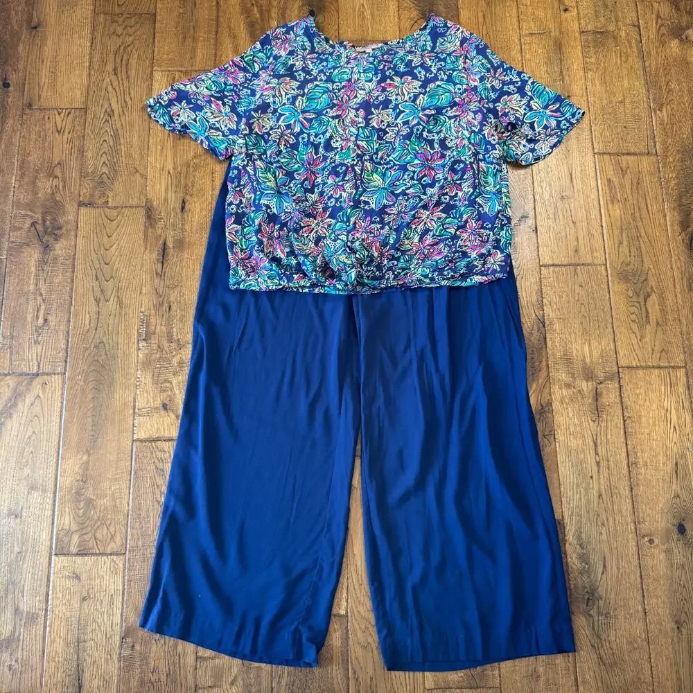 St. Tropez West Floral Tie Front Blouse and Navy Sunny Leigh Palazzo Pants XL